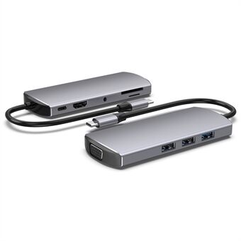 FX-1928G 9-i-1 USB Hub Dockingstasjon Type-C til USB-C + 3xUSB3.0 + SD / TF-kortspor + 3.5mm + 4K HD + VGA Adapter