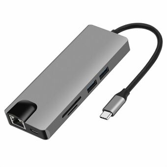 FX-1818 9-i-1 USB Hub Dokkingstasjon Type-C til USB-C + 2xUSB3.0 + SD / TF Spor + 3,5mm + HD + VGA + RJ45 Gigabit Adapter