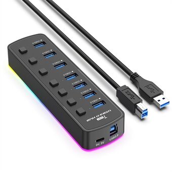 U307 7-Porters USB 3.0 Hub Splitter med individuelle brytere og 14 RGB-lysmoduser for datamaskin-TV