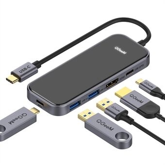 QGEEM QG-UH05-5 USB C-hub til 4K-oppløsning HD-video+2xUSB 3.0+PD hurtiglader+USB C-adapter for MacBook/MateBook/Andre Type-C-enheter