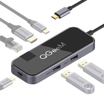 QGEEM UH06-1 USB C-hub med 2xUSB 3.0-porter + oppløsning HD-videoport + Gigabit Ethernet-port + PD-ladeport + SuperSpeed Type C-port