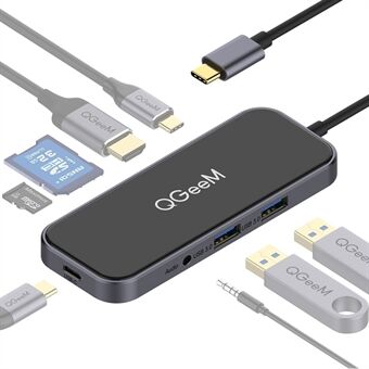 QGEEM UH08-2 8-ports USB C Hub Glassoverflate Type C til 4K-oppløsning HD-videoadapter + 100W PD + minnekortspor + 3,5 mm lydport + 2xUSB 3.0-porter + Type C-port Kompatibel for bærbare datamaskiner og andre Type C-enheter