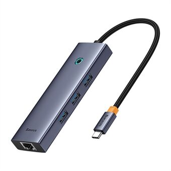 BASEUS BS-OH109 4-i-1 Type-C Forlengelsesdokkingshub med HD 4K videoutgang, 3xUSB 3.0, RJ45 Ethernet-port - Romgrå