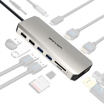 WAVLINK UMD302 USB-C-dokkingstasjon med dobbel 4K HD, Gigabit RJ45, 12-i-1 Multi-Port Hub-adapter for bærbare datamaskiner, PC