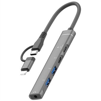 Type-C / 8-Pin 5-i-1 USB Hub Type-C Lading + Type-C Data + 2xUSB + 3,5mm Hodetelefonkontakt Adapter