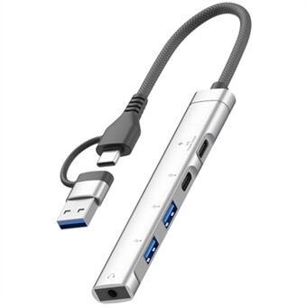 Type-C / USB-A 5-i-1 USB Hub Type-C Lading + Type-C Data + 2xUSB + 3,5 mm Hodetelefonkontakt Adapter