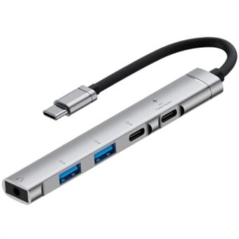 5-i-1 USB-hub Type-C til Type-C lading + Type-C data + 2 x USB2.0 + 3,5 mm hodetelefonadapter