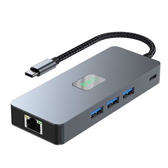 2401 8-i-1 Type-C Hub Dokkingstasjon med Gigabit Ethernet, 3x USB 3.0, 2x HD, DP, PD 100W Port