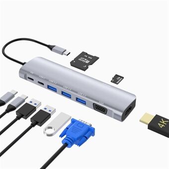 YSTC9048 9 i 1 multi-port USB C Hub Bærbar høyhastighets datasynkroniseringskonverter USB C til USB3.0 TF SD Adapter Støtte HDMI VGA