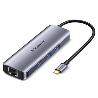 MINDPURE HU010 8-i-1 USB-C Hub Aluminium Legering Laptop Docking Stasjon, USB3.0x3+HD+PD+SD+TF+RJ45