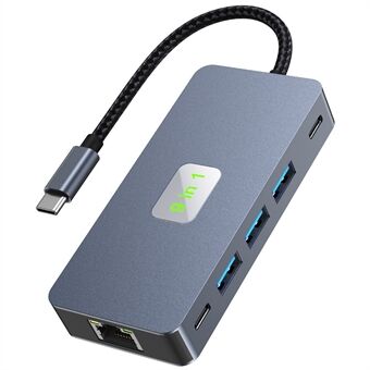 2318 Type-C Hub med 3xUSB 3.0+HD Video Utgang+2xKortlesere+PD 100W+RJ45 Ethernet+USB-C Datakonverter