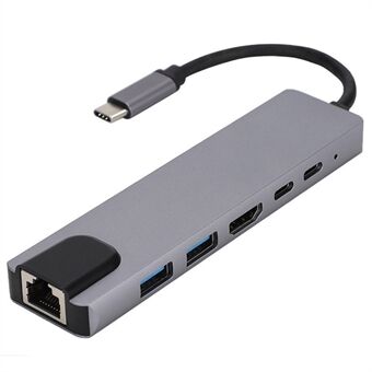 6-i-1 Type-C Hub multifunksjonell dokkingstasjon 4K UHD USB-C-adapter til USB 2.0, 87W Type-C, 100 Mbps Ethernet