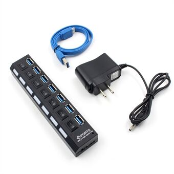 USB 3.0 Desktop-kabel På/Av-bryter 7-ports HUB for bærbar datamaskin med AC-adapter