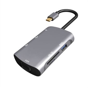 V217E 7 i 1 Type-C Hub Adapter Kabel HD VGA USB 2.0 / 3.0 SD / TF Kortleser PD ladestasjon for bærbar PC