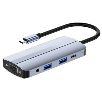 JUNSUNMAY JSM-HUB013 Type-C dokkingstasjon 8-i-1 bærbar USB-C Hub Adapter Type-C splitter til HD+VGA+4K HD Video+3,5 mm lyd