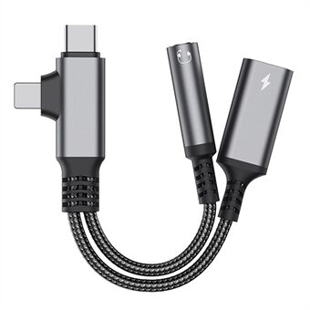 L-formet iP / USB-C til 3,5 mm hunn + Type-C ladekabel for lyd- og ladingsadapter