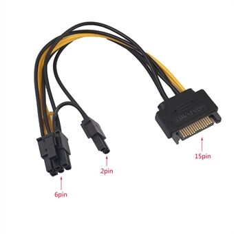 20 cm SATA-strømkabel Enkel 15-pinners SATA til 8-pinners (6 + 2) PCI-E-adapterkabel