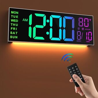 PH-01 8 RGB Farger Dobbelt Alarm Stor Digital Veggklokke med Fjernkontroll Termometer for Stue