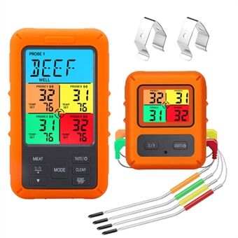 TS-TP40-X Fire sonder Trådløs grilltemperaturtelling Display Fargeskjerm Mattermometer med timer/nedtellingsfunksjon for baking (med FDA, BPA-fri)