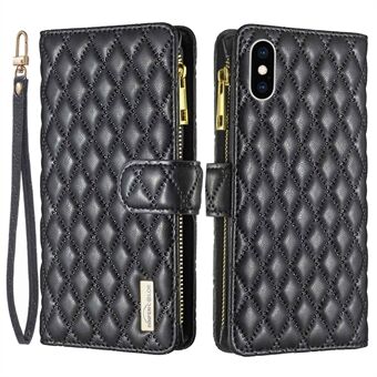 BINFEN COLOR BF Style-15 for iPhone X / XS 5,8 tommer Full beskyttelse Telefonveske Stand lommebok Matt PU-skinn Rhombus påtrykt skall med glidelåslomme