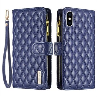 BINFEN COLOR BF Style-15 for iPhone X / XS 5,8 tommer Full beskyttelse Telefonveske Stand lommebok Matt PU-skinn Rhombus påtrykt skall med glidelåslomme