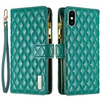 BINFEN COLOR BF Style-15 for iPhone X / XS 5,8 tommer Full beskyttelse Telefonveske Stand lommebok Matt PU-skinn Rhombus påtrykt skall med glidelåslomme