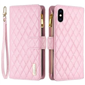 BINFEN COLOR BF Style-15 for iPhone X / XS 5,8 tommer Full beskyttelse Telefonveske Stand lommebok Matt PU-skinn Rhombus påtrykt skall med glidelåslomme