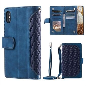 Rhombus Texture Phone Case for iPhone X / XS 5,8 tommer, 005 Style Multiple Card Slots Glidelåslomme PU-skinndeksel med skulderstropp og håndstropp