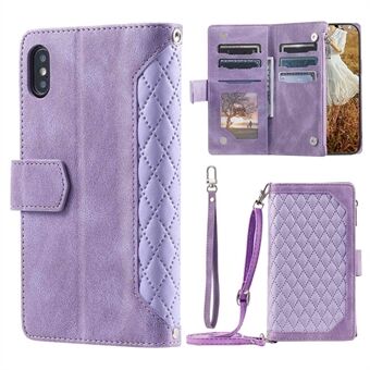 Rhombus Texture Phone Case for iPhone X / XS 5,8 tommer, 005 Style Multiple Card Slots Glidelåslomme PU-skinndeksel med skulderstropp og håndstropp