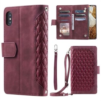 Rhombus Texture Phone Case for iPhone X / XS 5,8 tommer, 005 Style Multiple Card Slots Glidelåslomme PU-skinndeksel med skulderstropp og håndstropp