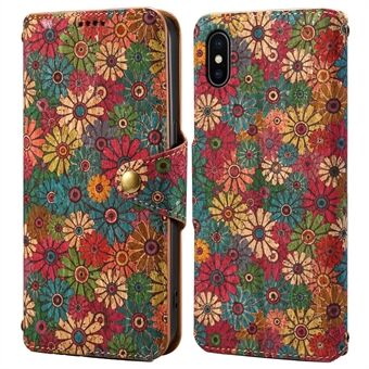 For iPhone X / XS-etasje Lærveske Mobildeksel med sesongblomster trykk.