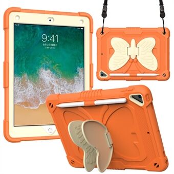 Tofarget sommerfuglform Stativ PC + Silikon Anti-fall beskyttende nettbrettdeksel Shell med skulderstropp for iPad 9,7-tommer (2018) / (2017) / iPad Air 2