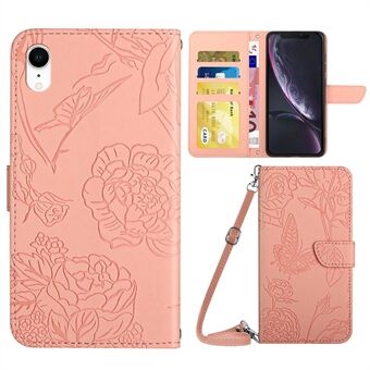 For iPhone XR 6.1 inch Stand Phone Case PU Leather Imprinting Butterflies Flower Pattern Wallet Shell with Shoulder Strap