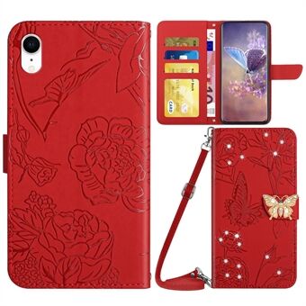 For iPhone XR 6,1 tommer sommerfuglblomster påtrykte rhinestone-dekor Stand Lommebok visningsstativ Lærveske med skulderstropp