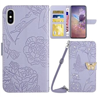 For iPhone XS Max 6,5 tommer sommerfuglblomster påtrykte rhinestone-dekor Telefondeksel Lommebok Justerbart Stand Lærveske med skulderstropp