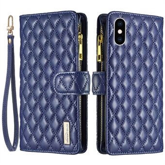 BINFEN COLOR BF Style-15 for iPhone XS Max 6,5 tommers glidelåslomme PU- Stand lommebokveske Anti- Scratch matt Rhombus påtrykt telefondeksel