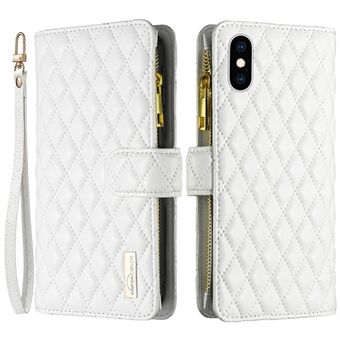 BINFEN COLOR BF Style-15 for iPhone XS Max 6,5 tommers glidelåslomme PU- Stand lommebokveske Anti- Scratch matt Rhombus påtrykt telefondeksel