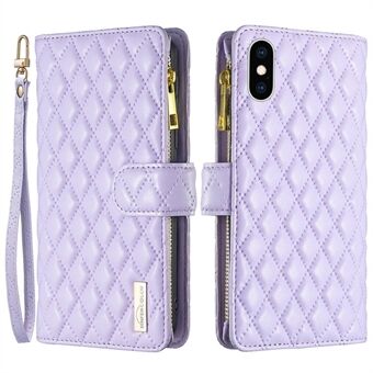 BINFEN COLOR BF Style-15 for iPhone XS Max 6,5 tommers glidelåslomme PU- Stand lommebokveske Anti- Scratch matt Rhombus påtrykt telefondeksel