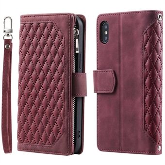 005-stil lærveske med stropp for iPhone XS Max 6,5 tommer, Rhombus Texture Telefondeksel med glidelåslomme med Stand