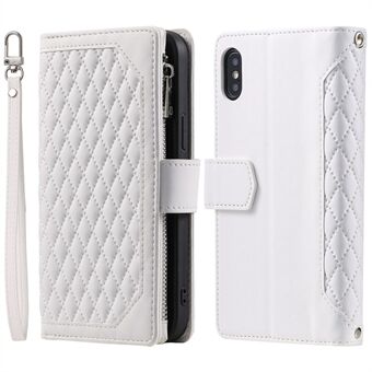 005-stil lærveske med stropp for iPhone XS Max 6,5 tommer, Rhombus Texture Telefondeksel med glidelåslomme med Stand