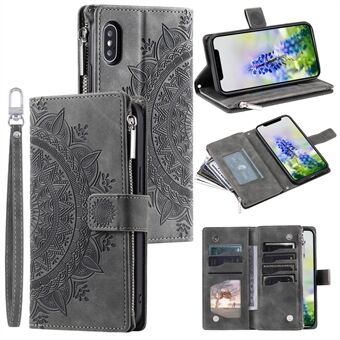 For iPhone XS Max 6,5 tommer Mandala-blomster påtrykt PU-skinnlommebok Folio Flip-veske Glidelåslomme Flere kortspor Stand Telefondeksel med stropp