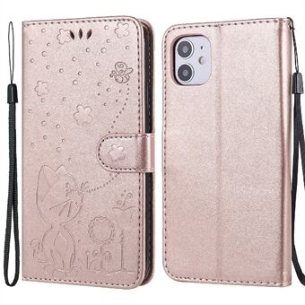 Imprint Cat and Bee Pattern Wallet PU Lær telefonveske for iPhone 11 6,1 tommer