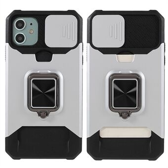 Ring Kickstand Hard PC + TPU Bumper Hybrid beskyttelsesdekselveske med skyvelinsedeksel og kortholder for iPhone 11 6,1 tommer