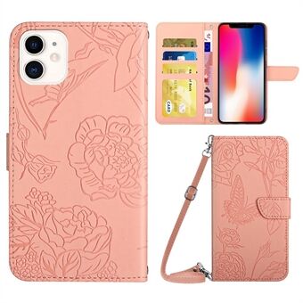 Butterfly Flowers Imprinting Phone Case for iPhone 11 6.1 inch PU Leather Phone Shell Hands-free Stand Wallet Case with Shoulder Strap