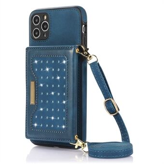 Rhinestone Decor Lærbelagt TPU-deksel for iPhone 11 Pro 5,8 tommer, støttelommebok RFID-blokkerende telefondeksel med skulderstropp