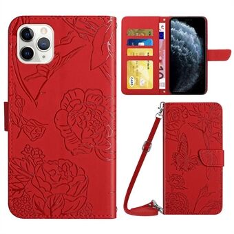 Wallet Phone Case for iPhone 11 Pro Max 6.5 inch PU Leather Butterfly Flowers Imprinting Phone Shell Shockproof Stand Case with Shoulder Strap