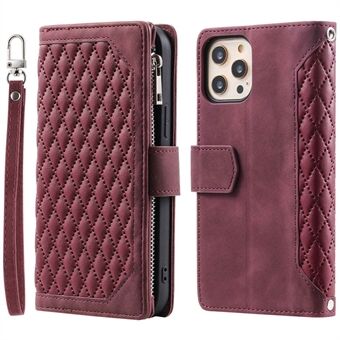 005 Style Zipper Pocket Stand veske for iPhone 11 Pro Max 6,5 tommer, PU-lærlommebok Rhombus Texture Phone Shell Protector med håndleddsstropp