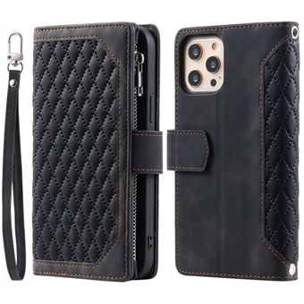 005 Style Zipper Pocket Stand veske for iPhone 11 Pro Max 6,5 tommer, PU-lærlommebok Rhombus Texture Phone Shell Protector med håndleddsstropp