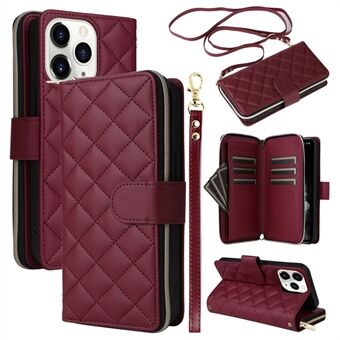 For iPhone 11 Pro Max-etui med glidelås-lommebok, rhombus-telefonskinnomslag med skulderrem