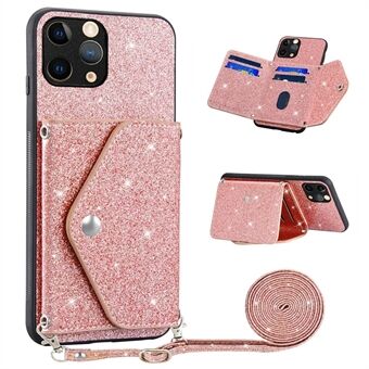 Trekant Kickstand Kortholder Telefonveske for iPhone 11 Pro Max 6,5 tommer PU-skinn+TPU Glitrende Powder-telefondeksel